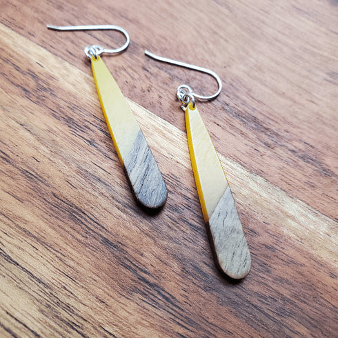 Mustard Yellow Wood & Resin Teardrop Sterling Silver Earrings
